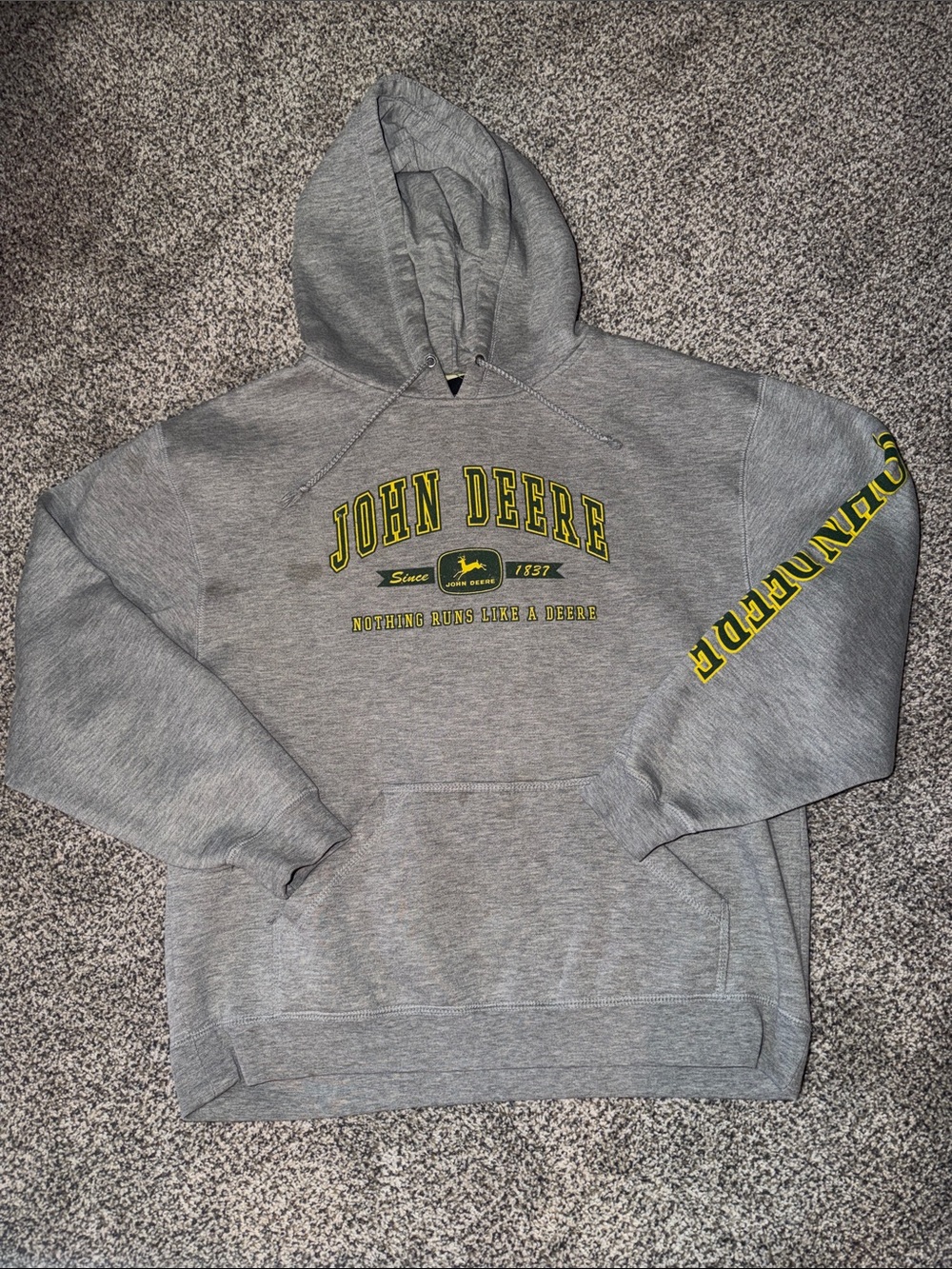 John Deere Gray Pullover Hoodie with Yellow Logo and Sleeve Print